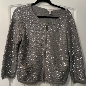 Chicos sequin silver and gray zipper sweater with pockets and lace trim, Size M